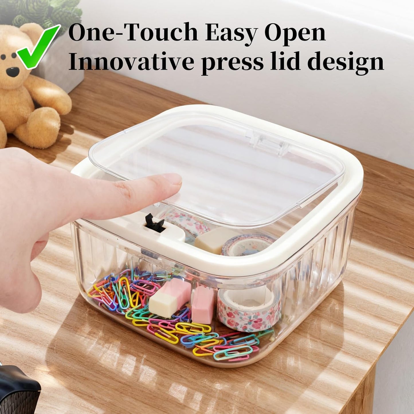 THMINS Hair Accessories Organizer for Girls,Small Plastic Storage Box with Lid for Kids Hair Clips,Ties,Bows&Jewelry,Stackable Dust-Proof Flip Top Container,Desktop Organizer(Clear)