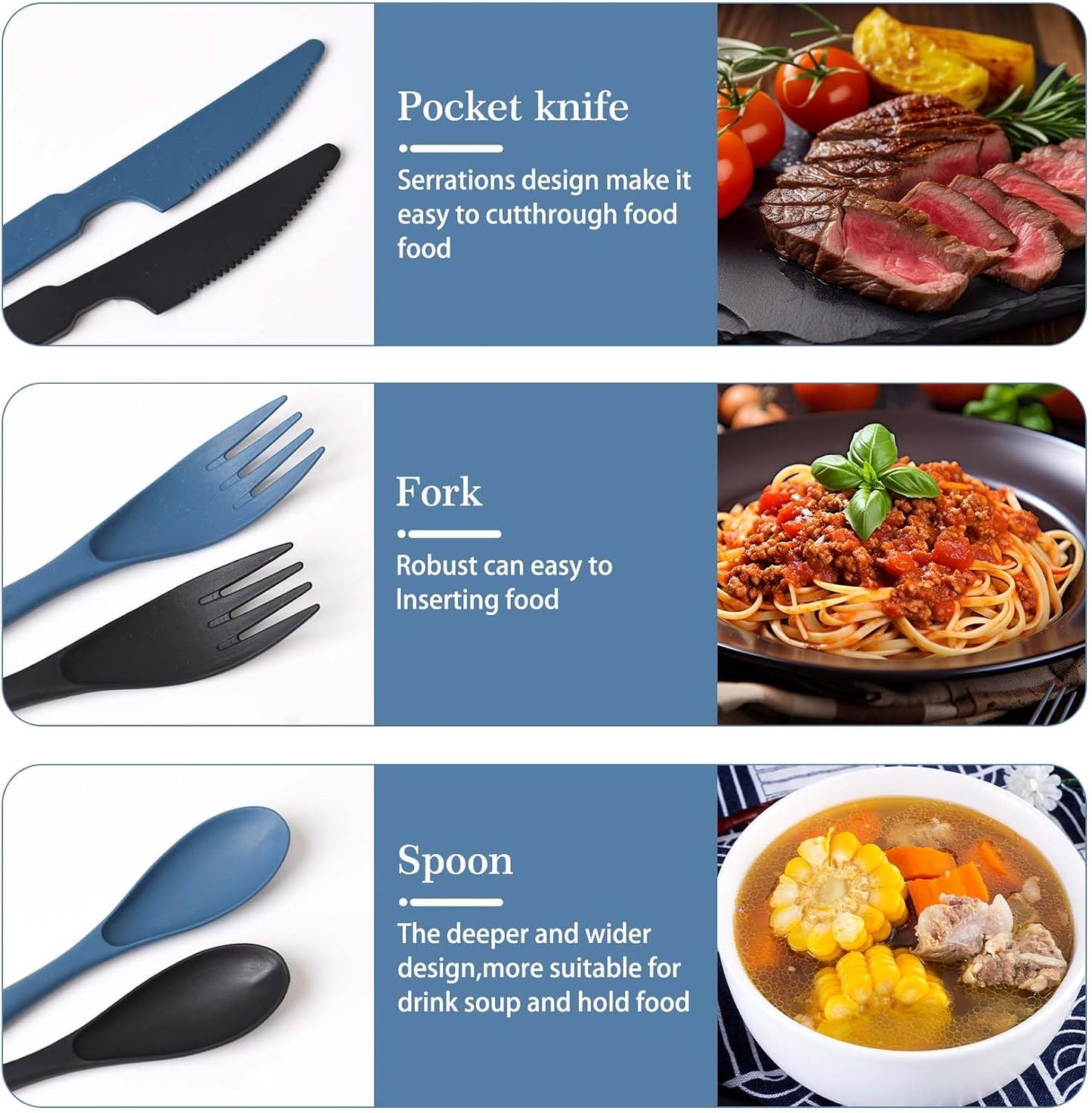 2 Sets Reusable Utensil Set with Case, Portable Plastic Spoons Fork Knife Camping Utensils for Lunch Box Accessories for Kids Adults Travel Picnic Camping Daily Use(Blue, Black)