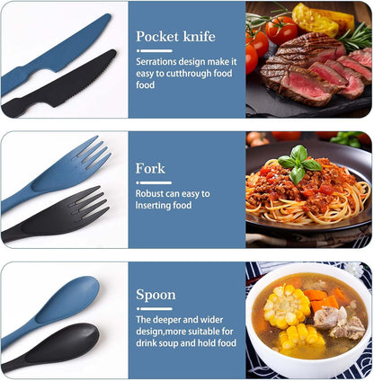 2 Sets Reusable Utensil Set with Case, Portable Plastic Spoons Fork Knife Camping Utensils for Lunch Box Accessories for Kids Adults Travel Picnic Camping Daily Use(Blue, Black)
