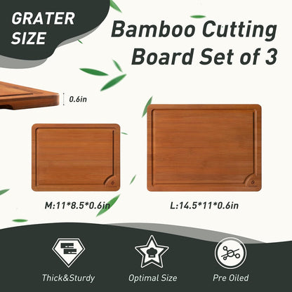 3 Packs Bamboo Cutting Board Set with Non Slip Feet Holder and Over Sink Nice Solid Thick Wood Juice Groove Chopping Board Extra Large Big Small Best Hardwood Kitchen Organic Vegetable Meat BBQ Kit