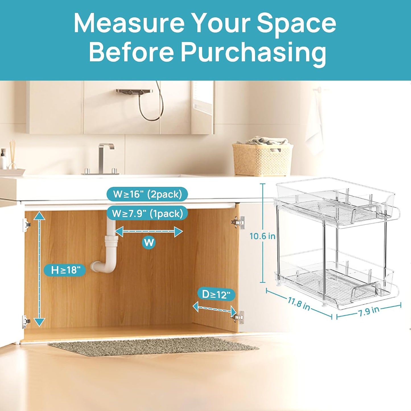Vtopmart 4 Pack Bathroom Under Sink Organizers Organizer, 2 Tier Clear Pull-Out Organization (S-Standard)