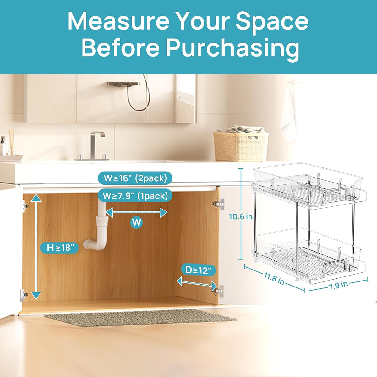 Vtopmart 4 Pack Bathroom Under Sink Organizers Organizer, 2 Tier Clear Pull-Out Organization (S-Standard)
