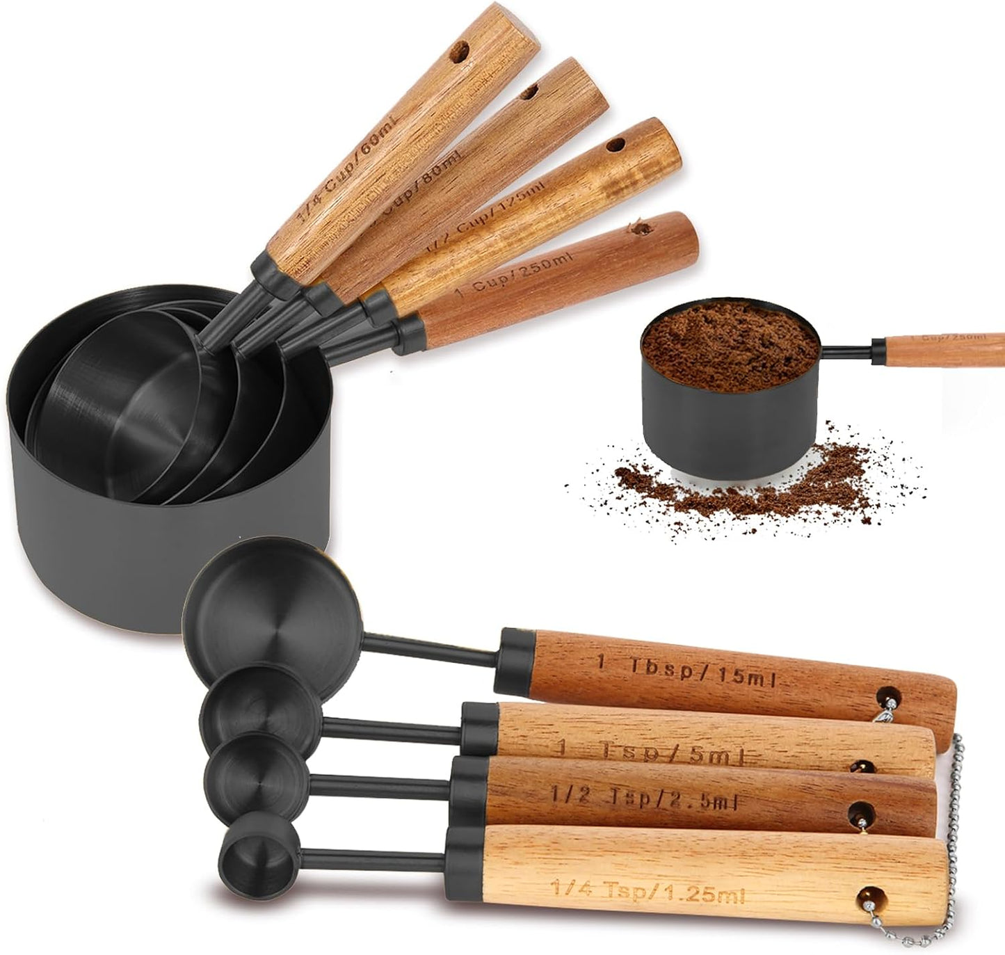 Gold Measuring Cups and Spoons Set with Fragrant Wood Handles, Premium Stainless Steel Measuring Spoons and Measuring Cups Set, For Cooking and Baking in the Kitchen (8 Piece)