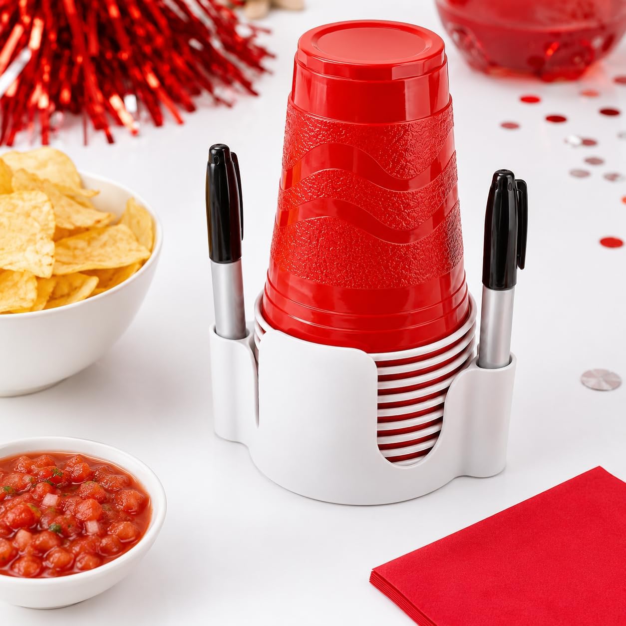 Party Cup Dispenser with Marker Holder – Stackable Plastic Cup Organizer for Parties, Events, BBQs, Picnics, Graduations & Drink Stations, Cup and Marker Caddy, Black (Red)