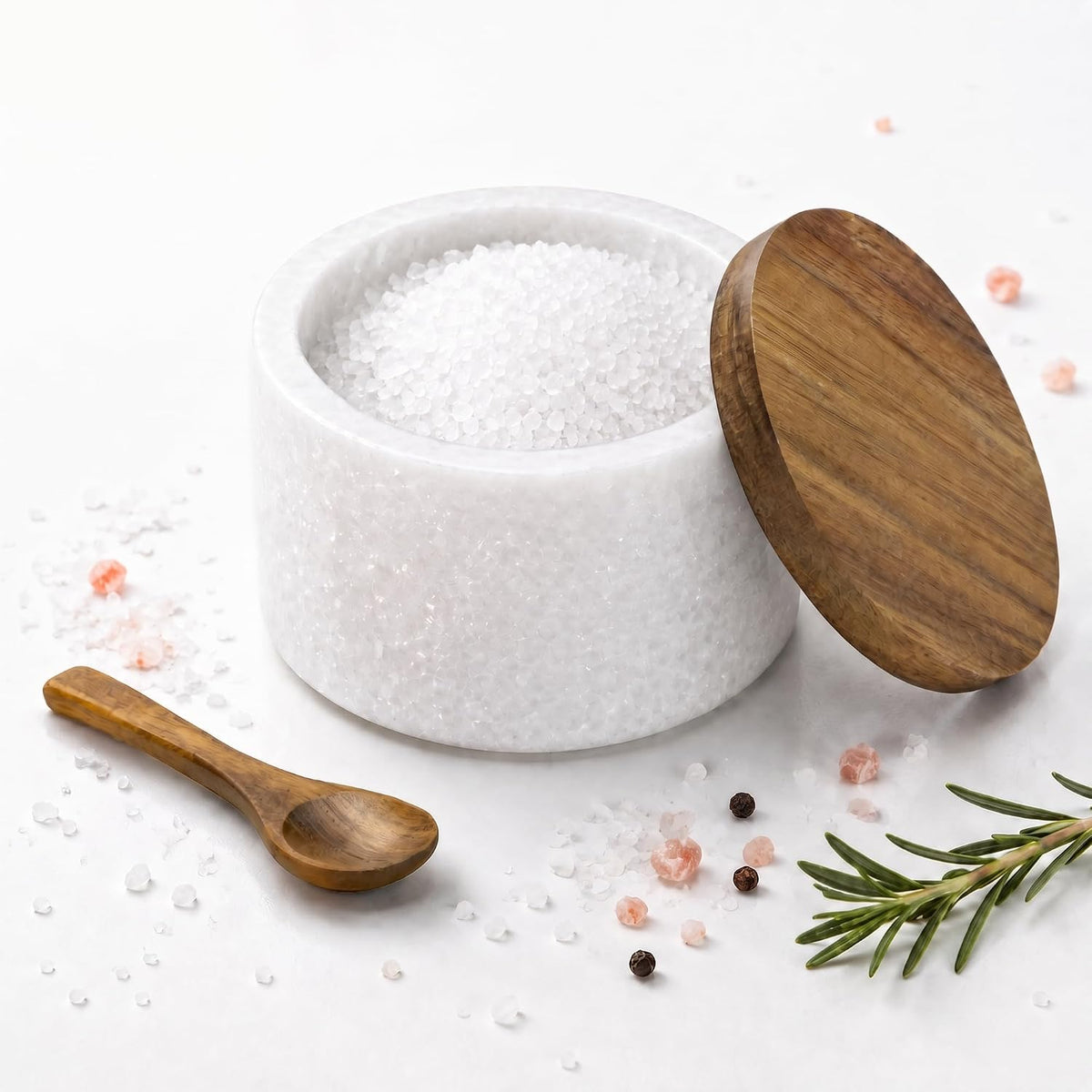 Marble Salt Cellar with Lid & Spoon, Salt Container, Salt Holder