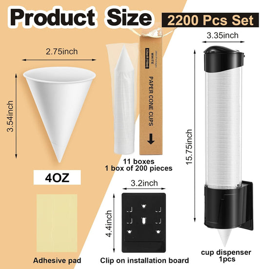 Roshtia 600 Pcs 4 oz Snow Cone Cups Paper Thicken Disposable with 1 Cups Dispenser Pull Type Wall Mount Cup Holder Paper for Restaurants, Home, and Office, and Shaved Ice, Cold (Black)