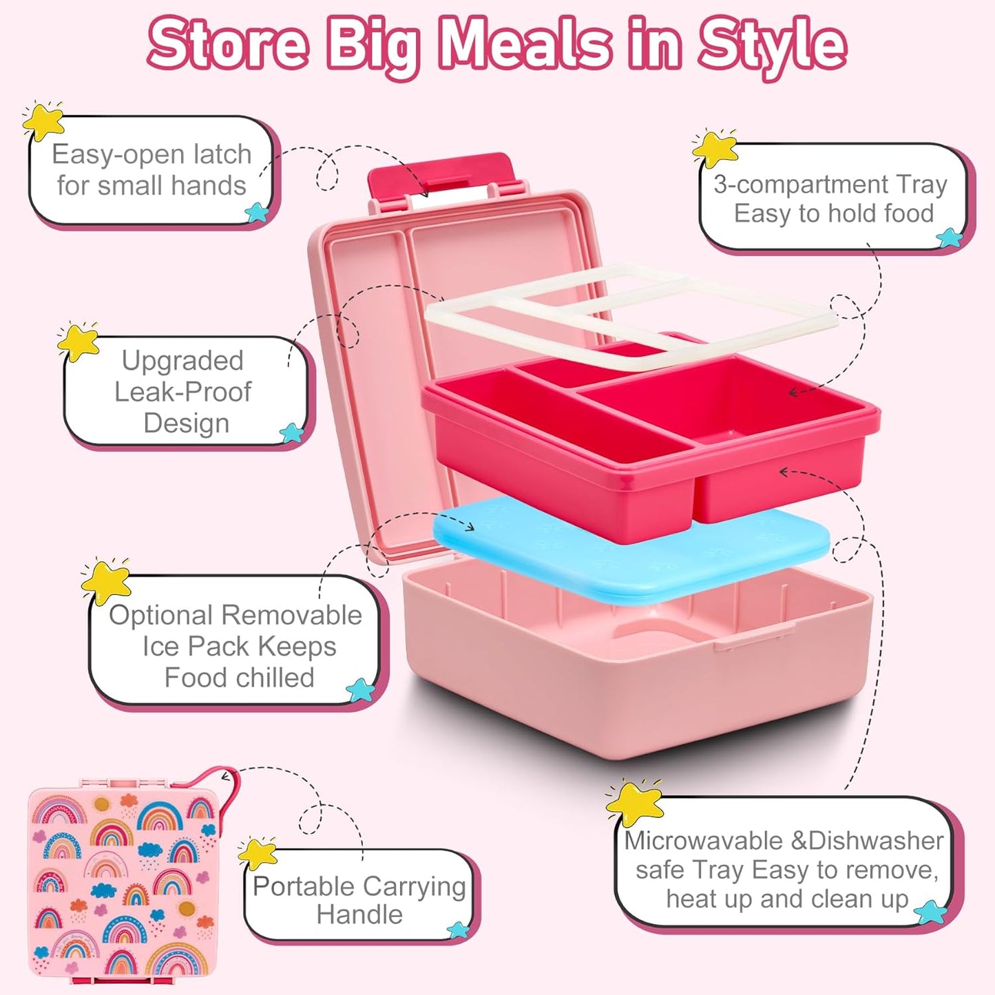 Bento Lunch Box for Kids with 17oz Soup Thermo,Insulated Tumbler Water Bottle and Insulated Lunch Bag,Leak-Proof 3 Compartment Lunch Food Container with Ice Pack for Kids to School-Horse
