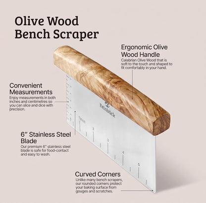 Olive Wood 3"x 6" Bench Scraper, Stainless Steel