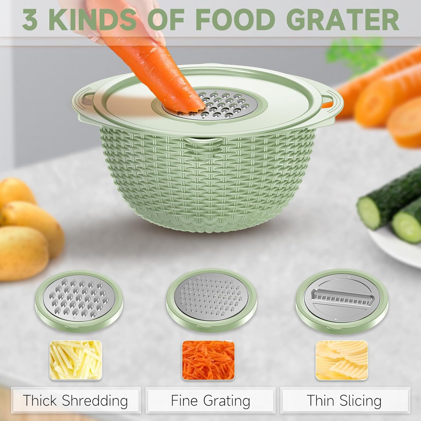 4-1 Colander with Bowl & Spoons Set - Rotatable Colander for kitchen with New Upgraded Graters, Food Strainer(Patented) for Pasta, Fruits, Vegetables, Funny Presents for Women, Beige