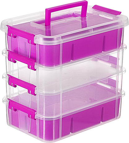 JUXYES 4-Tiers Plastic Stack Carry Storage Containers Box wih Handle Lids | Clear Stackable Latching Storage Bin With 2 Tray for School Office, Organizing Sewing, Art Craft, DIY Supplies, Blue