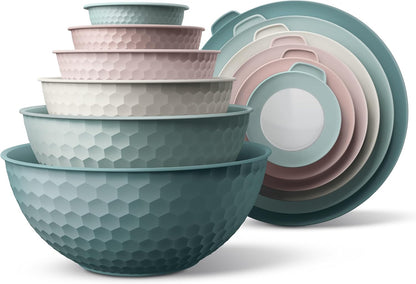 COOK WITH COLOR Mixing Bowls with Lids - 12 Piece Plastic Nesting Bowls Set includes 6 Prep Bowls and 6 Lids, Microwave Safe Mixing Bowl Set, Pink Embossed - Colors A