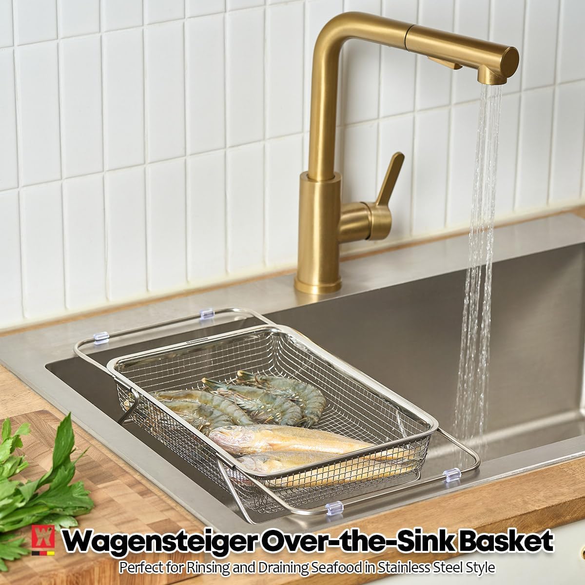 WAGENSTEIGER Extendable Dish Rack with Feet, Vegetable Colander Basket, Stainless Steel Dish or Silverware Drying Rack, Ultimate Kitchen Organizer Over the Sink (11.81 x 8.27 x 2.76 Inches)