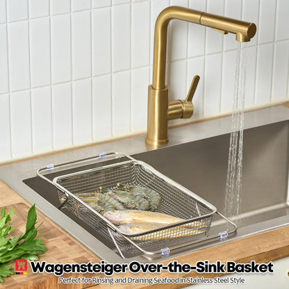 WAGENSTEIGER Extendable Dish Rack with Feet, Vegetable Colander Basket, Stainless Steel Dish or Silverware Drying Rack, Ultimate Kitchen Organizer Over the Sink (11.81 x 8.27 x 2.76 Inches)