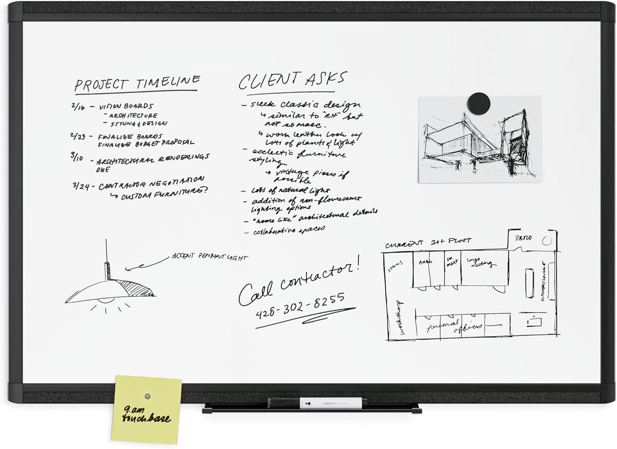 U Brands Framed Magnetic Weekly Calendar Dry Erase White Board, Office Supplies, Black Frame, with Marker, Magnet, 11” x 18”