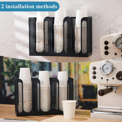 Maxcheck Metal Mesh Cup and Lid Holder Coffee Paper Cup Dispenser Lid Holder Storage Organizer Countertop or Wall Mount for Coffee Bar, Kitchen, Breakroom(4 Compartments,16.1 x 4.1 x 8 Inch)