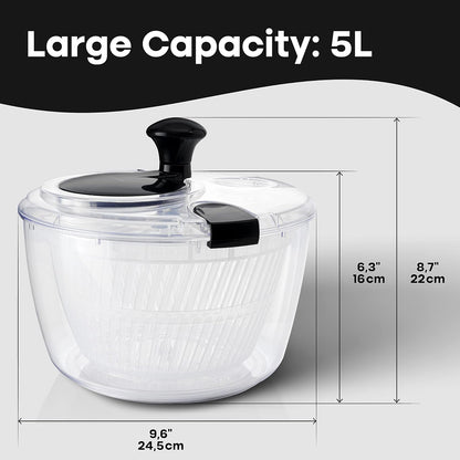 Joined Large Salad Spinner with Drain, Bowl, and Colander - Quick and Easy Multi-Use Lettuce Spinner, Vegetable Dryer, Fruit Washer, Pasta and Fries Spinner - 5.28 Qt