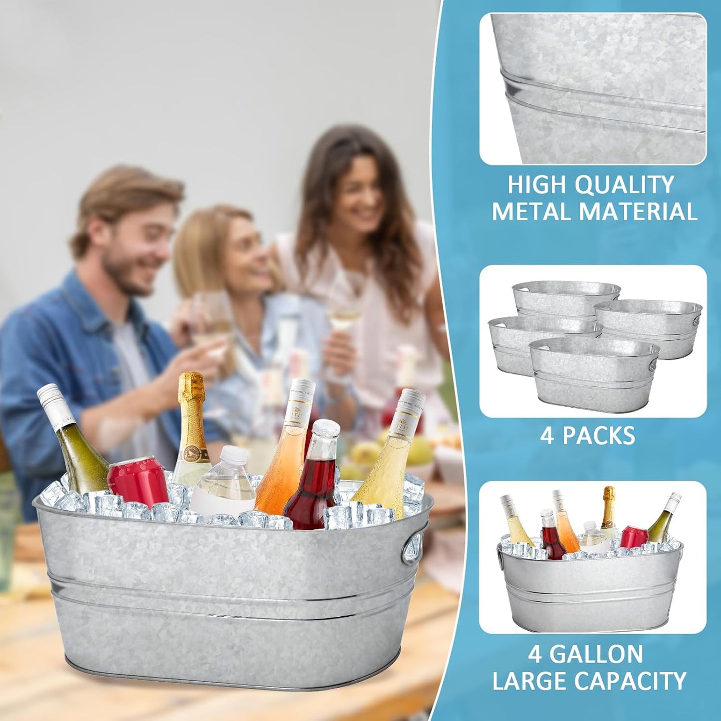 2 Pack 4 Gallon Galvanized Tub Ice Buckets for Parties Portable Beverage Tub Champagne Bucket Metal Ice Buckets for Cocktail Bar with Ice Scoop