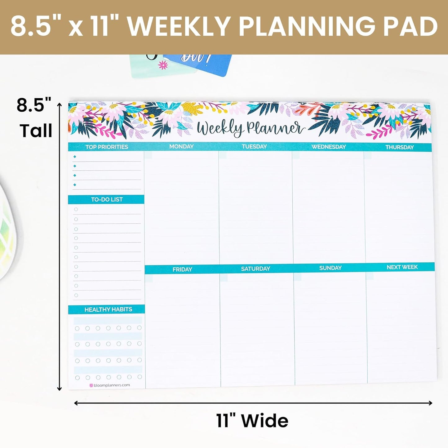 bloom daily planners Horizontal Weekly Magnetic Meal Planning Pad for Fridge with Tear-Off Grocery Shopping List - Hanging Food/Menu Organizer Notepad with Magnets - 8.5” x 11” - Lemons
