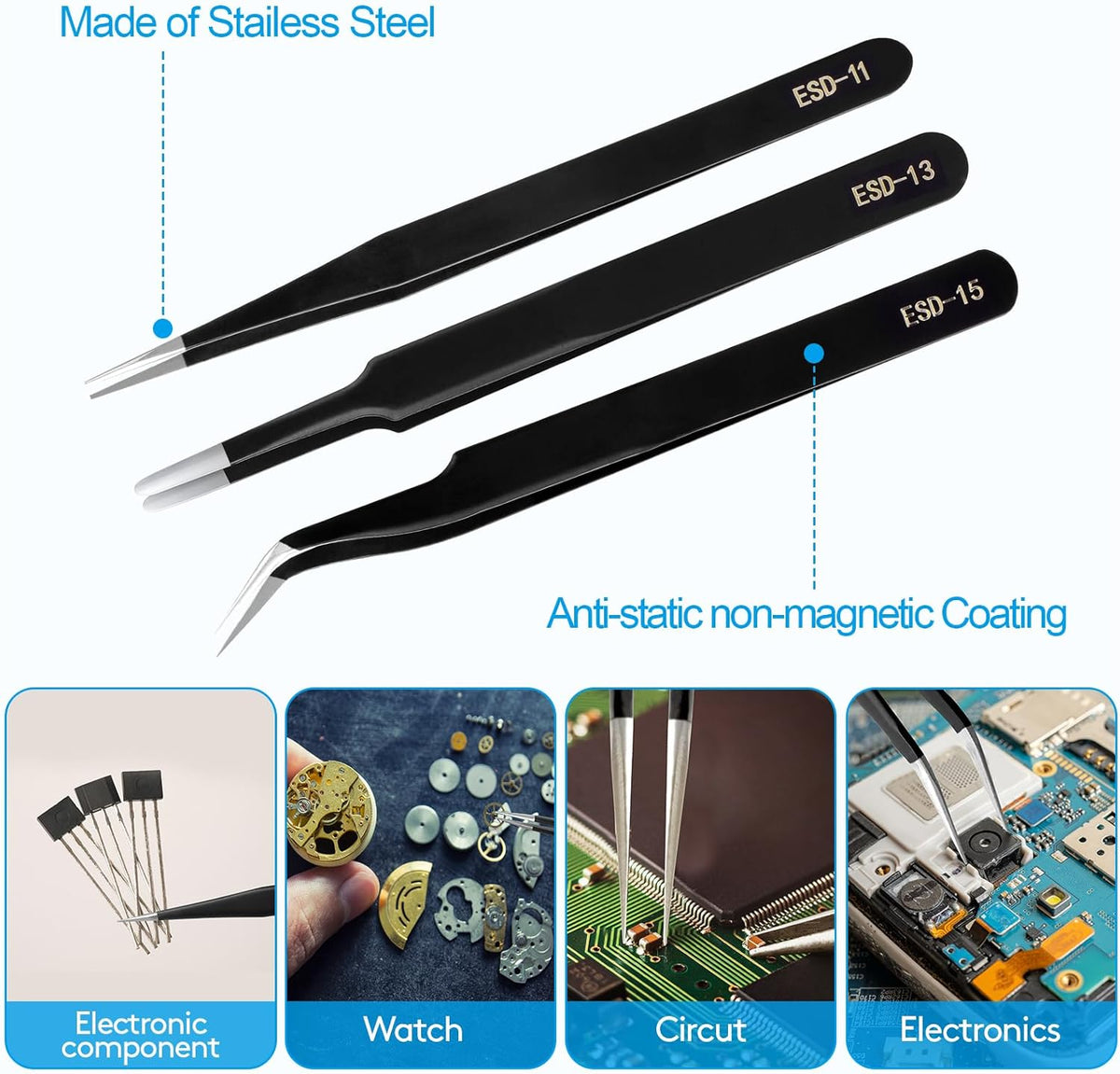 YHYZ Precision Tweezers Set, Premium Stainless Steel Anti-Static ESD Tweezes, Suitable for Tweezers, for Craft, Electronic, Soldering, Model, Hobby, Jewelry Making Laboratory