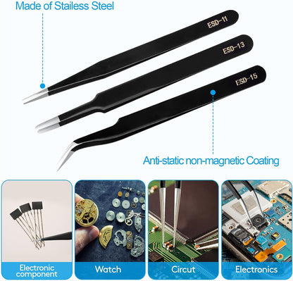 YHYZ Precision Tweezers Set, Premium Stainless Steel Anti-Static ESD Tweezes, Suitable for Tweezers, for Craft, Electronic, Soldering, Model, Hobby, Jewelry Making Laboratory