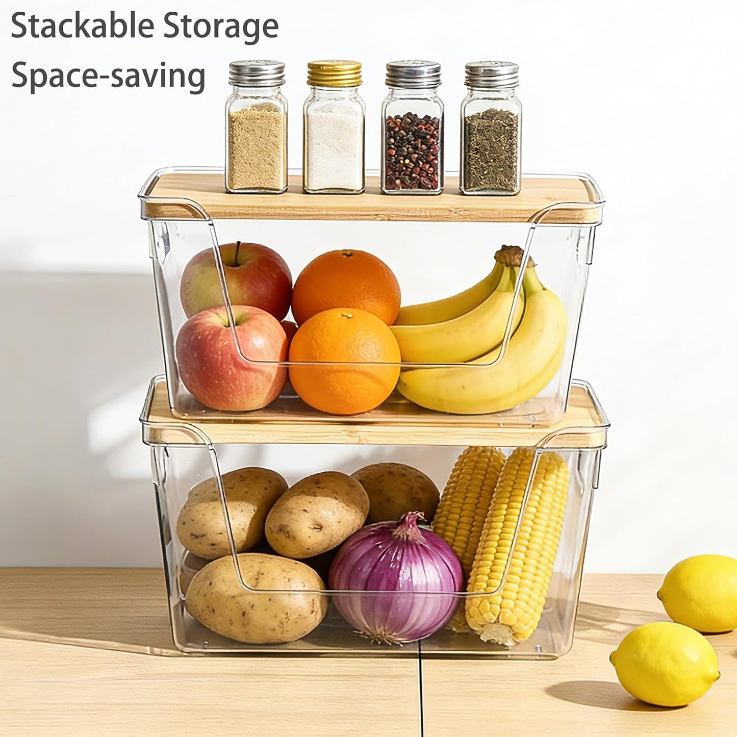 2 Set Pantry Organizers and Storage - Stackable Pantry Storage Bin Containers for Potato, Onion, Garlic, Fruit, Vegetable, Produce - Clear Front Open Kitchen Under Sink Organizer with Lid
