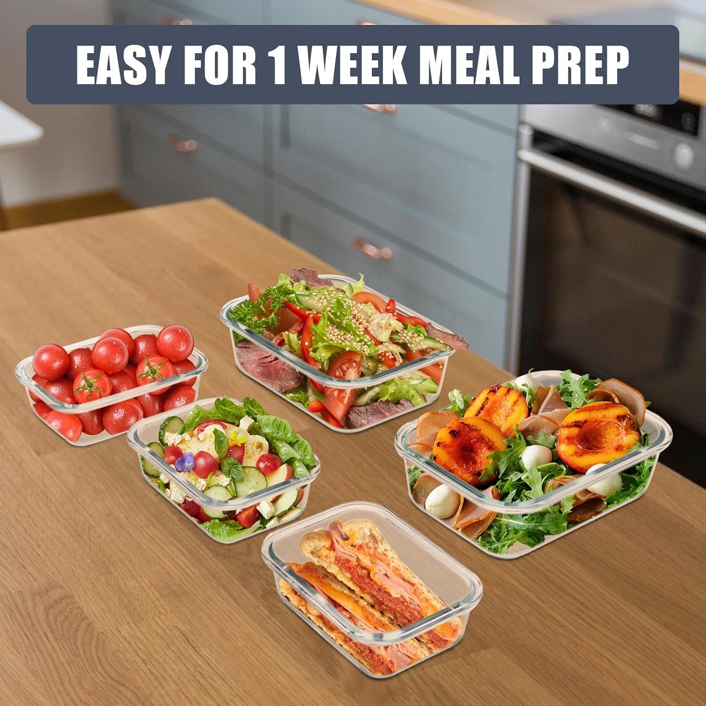6 Pack Glass Food Storage Containers with Airtight Lids, Meal Prep Containers for Lunch, Leftovers, BPA Free (Grey)