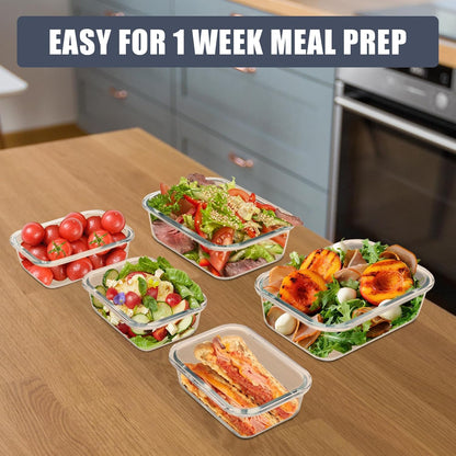 6 Pack Glass Food Storage Containers with Airtight Lids, Meal Prep Containers for Lunch, Leftovers, BPA Free (Grey)