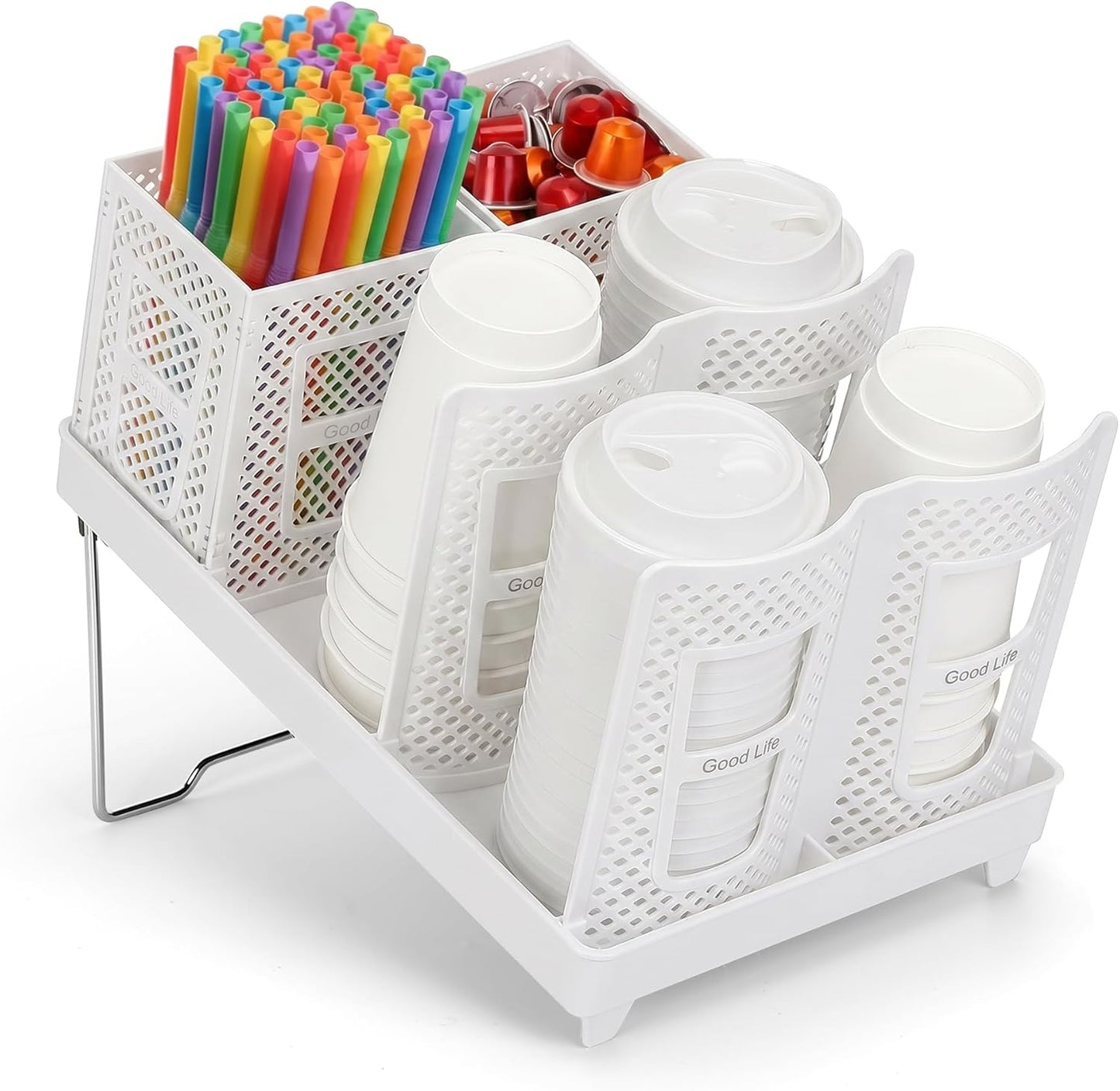 6-Compartment Cup and Lid Holder, Plastic Coffee Cup Holder with Straws Holder, 10-22oz Disposable Paper Cups Organizer for Countertop, Station, Bar,Office, Restaurant, Breakroom