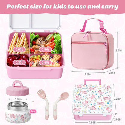Kids Bento Lunch Box with Thermos, Leakproof Toddler Bento Box with 9 OZ Insulated Food Jar, Lunch Bag & Utensils 3 or 4 Compartment Container for School Girls Boys