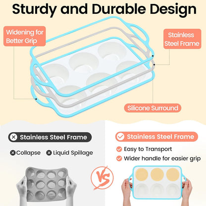 Silicone Muffin Pans for Baking 2 Pack, 2.6 Inch with Metal Reinforced Frame, Regular Size Nonstick Cupcake Pan 12 Cups for Baking Homemade Muffins, Dishwasher Safe BPA Free-Blue
