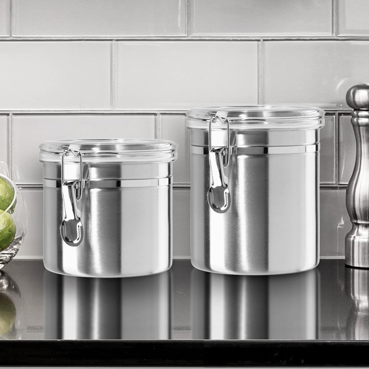 Oggi Stainless Steel Kitchen Canister 62 fl oz - Airtight Clamp Lid, Clear See-Thru Top - Ideal for Kitchen Storage, Food Storage, Pantry Storage. Large Size 5" x 7.5".