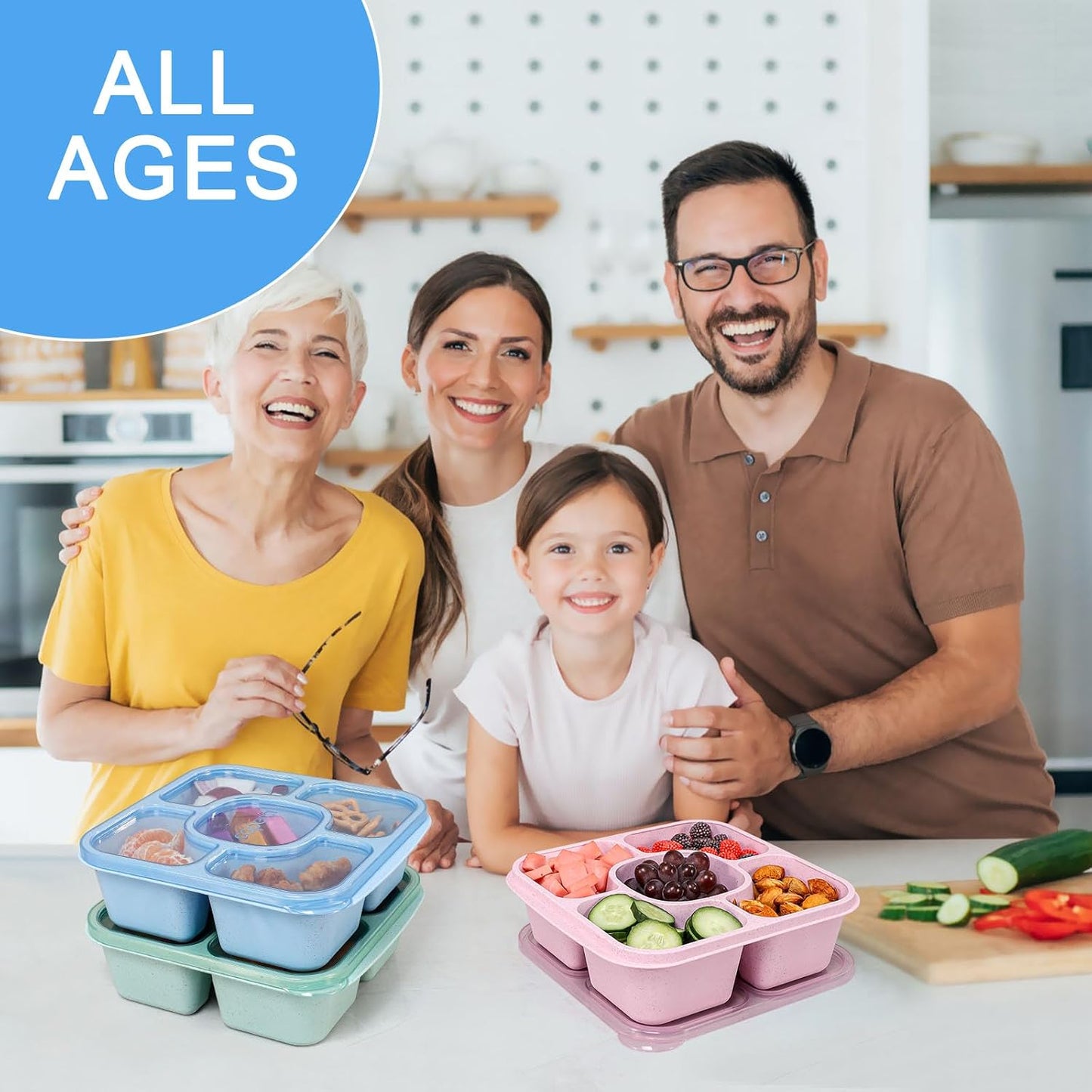 Caperci 5-Pack Lunchable Container Set for Kids & Adults - Reusable Bento Snack Box Containers with 5-Compartment for Food Storage & Meal Prep, Wheat Straw, BPA-Free (Dark & Clear Lids)