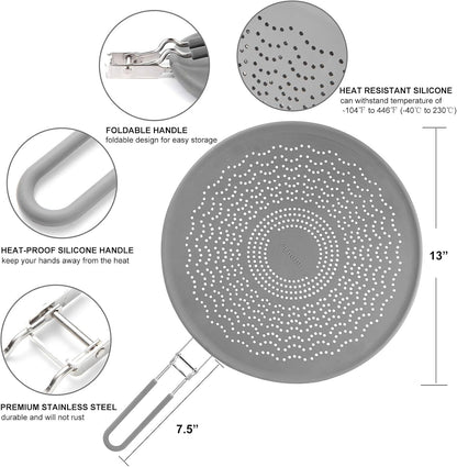 13” Silicone Splatter Screen Pan Cover with Folding Handle, Heat Insulation Cooling Mat, Strainer, Drain Board, Oil Splash Guard for Frying Pan