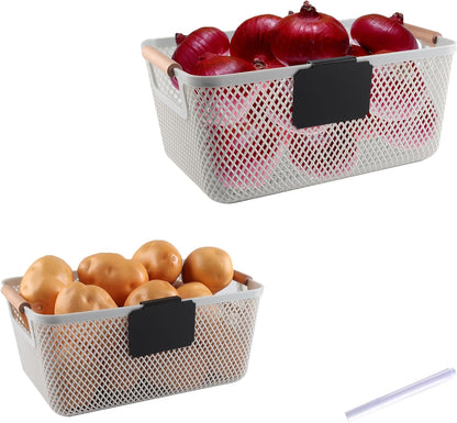 Onion and Potato Storage Baskets,A set of 2 Wooden Handle storage Basket Stackable Plastic Pantry Bins, Multifunctional Organizers for Kitchen, Countertop, and More Vegetable Storage Box (Black-2pack)