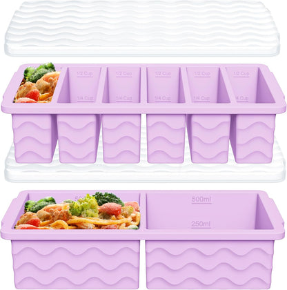 4-Pack Silicone Freezer Trays with Lid,2*【2 Large 2-Cup(500ml)&6 Small 1/2-Cup(125ml)】Soup Freezer Container Molds,Ice Cube Tray For Meal Prep&Freezing Soup,Stews,Sauces,Oven&Dishwasher-Safe