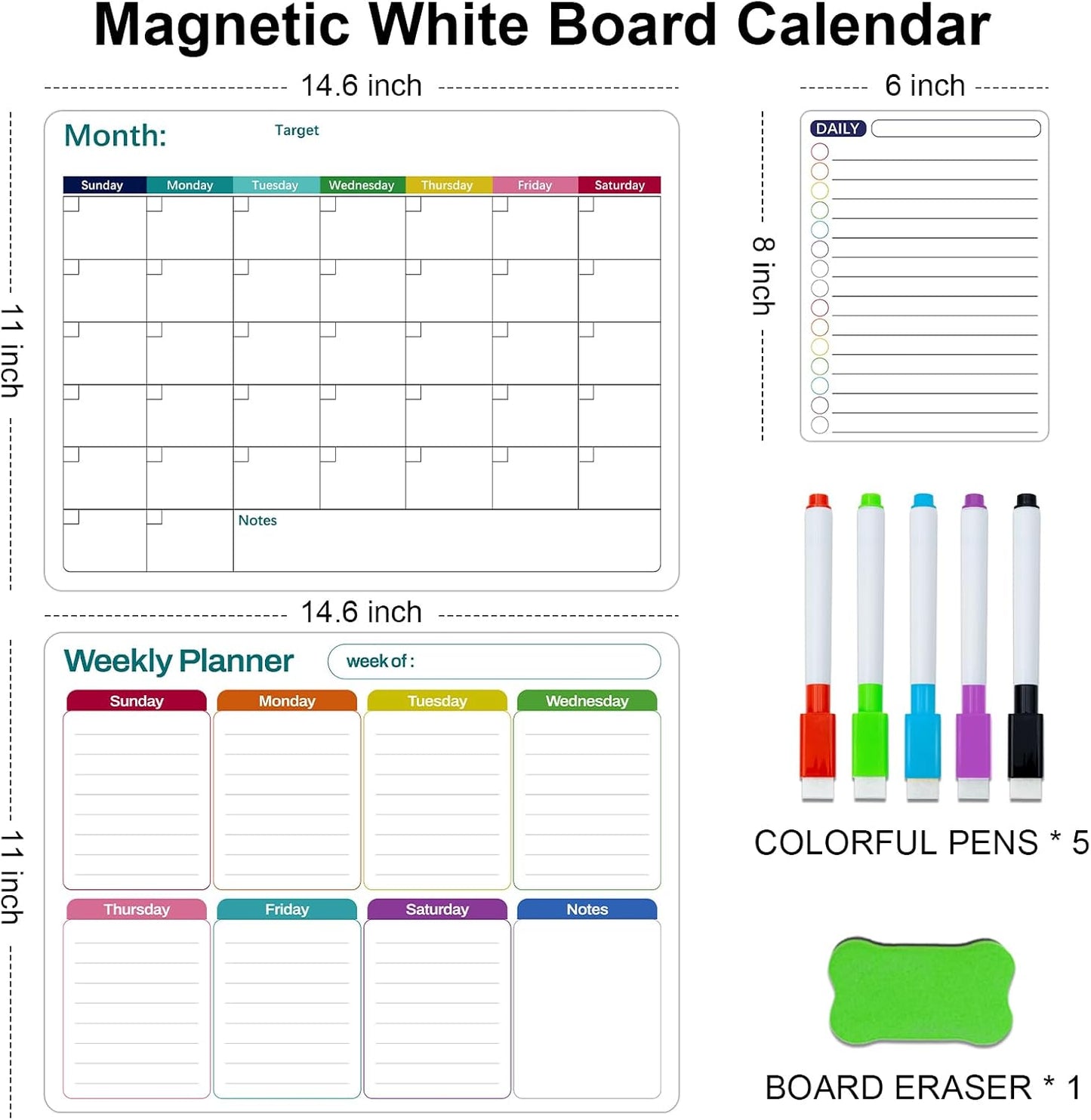 Magnetic Dry Erase Fridge Calendar Whiteboard Set,3 Pack 14.6" x 11" Reusable Refrigerator Calendar for Fridge & Wall-Monthly, Weekly,Daily Planners Refrigerator White Board with 5 Markers and Eraser
