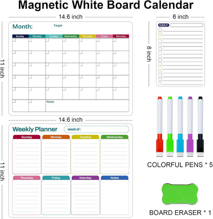 Magnetic Dry Erase Fridge Calendar Whiteboard Set,3 Pack 14.6" x 11" Reusable Refrigerator Calendar for Fridge & Wall-Monthly, Weekly,Daily Planners Refrigerator White Board with 5 Markers and Eraser
