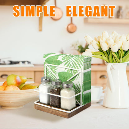 Napkin Holder for Table, Paper Napkins Salt and Pepper Shakers Caddy holder, Paper Napkins Kitchen Dining Table Decor, Wood & Metal Base, White