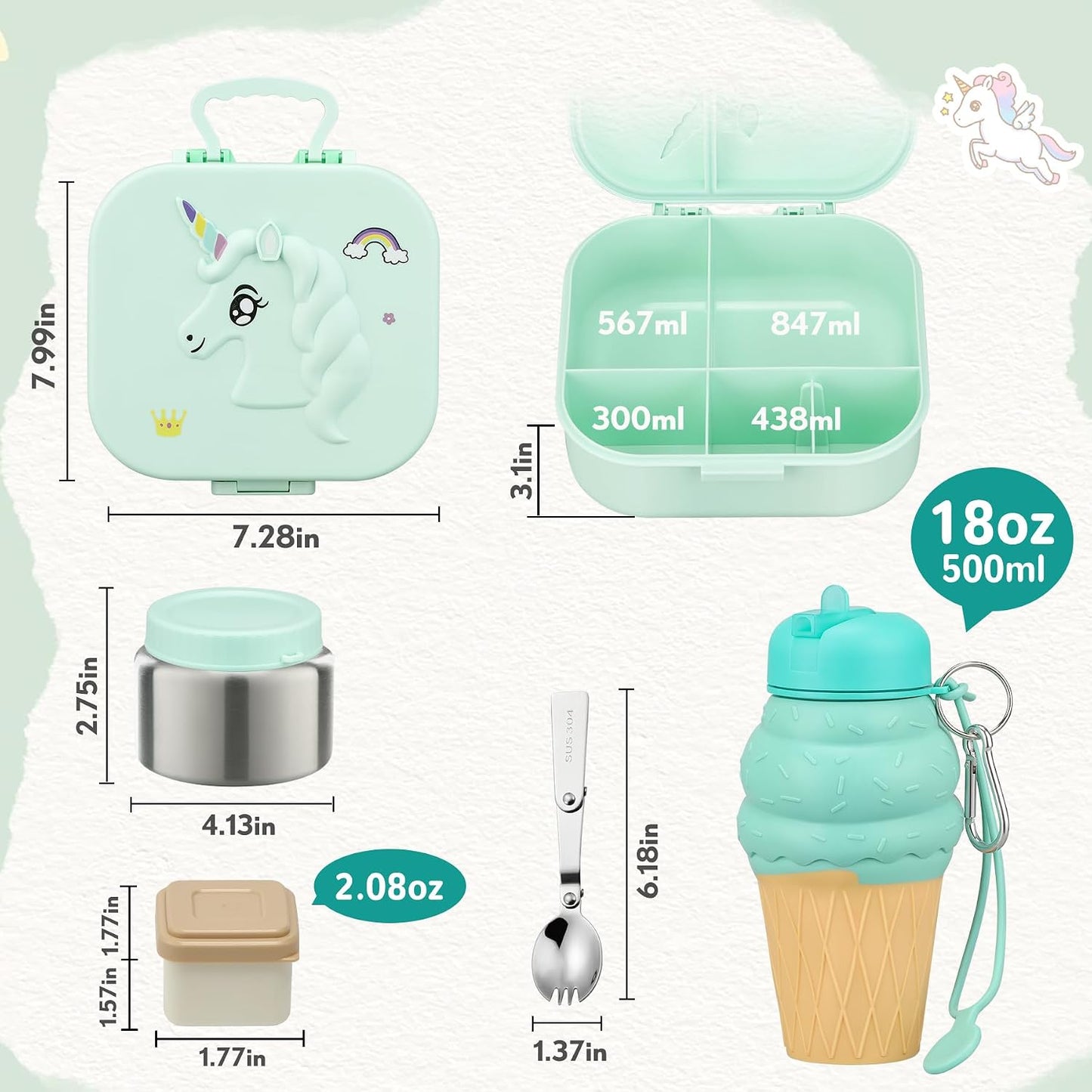 Aimsnk Magical Dinosaur Kids Lunch Box Set -12oz Insulated Food Jar, Leakproof Lunch Food Containers Cutlery, Leak-Proof Sauce Cup & Spoon, Gradient Green+Jar Green