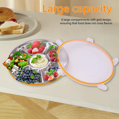ASTIMESA Divided Serving Tray with Lid 6 Compartments, 10.4 Inch Stainless Steel Round Veggie Tray, Reusable Snack Box Container Fruit Platter Parties Fridge Food Storage Picnic (1 pcs)