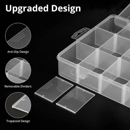 Exptolii 15 Large Grids Plastic Organizer Box with Dividers, 2 Pack Clear Compartment Container Storage for Washi Tapes Beads Crafts Jewelry Fishing Tackles, Size 11 x 6.3 x 2.2 in