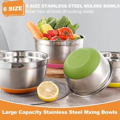 Umite Chef Mixing Bowls with Airtight Lids, 6 piece Stainless Steel Metal Nesting Storage Bowls, Non-Slip Bottoms Size 7, 3.5, 2.5, 2.0,1.5, 1QT, Great for Mixing & Serving (Khaki)