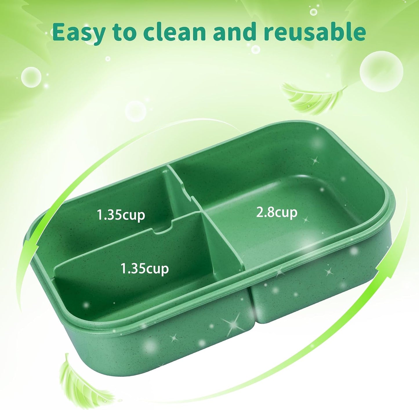 Itopor Classic Wheat Straw Bento Box, Leak-Proof 3-Compartment Lunch Box for Adults & Older Kids, BPA-Free Meal Prep Food Container with Fork, Microwave & Dishwasher Safe, 5.5 Cup, Sage Green