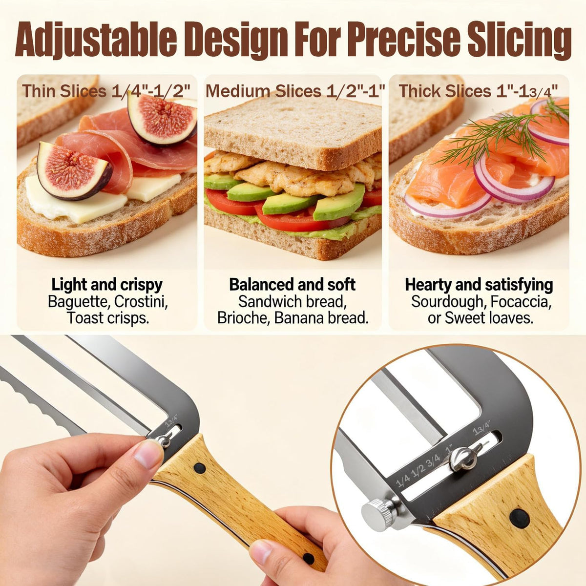 Adjustable Bread Slicer for Perfect Slices - Bread Knife for Homemade Bread with Thickness Guide - Premium Sharp Stainless Serrated Blade for Sourdough Baguettes Bagels Loaves