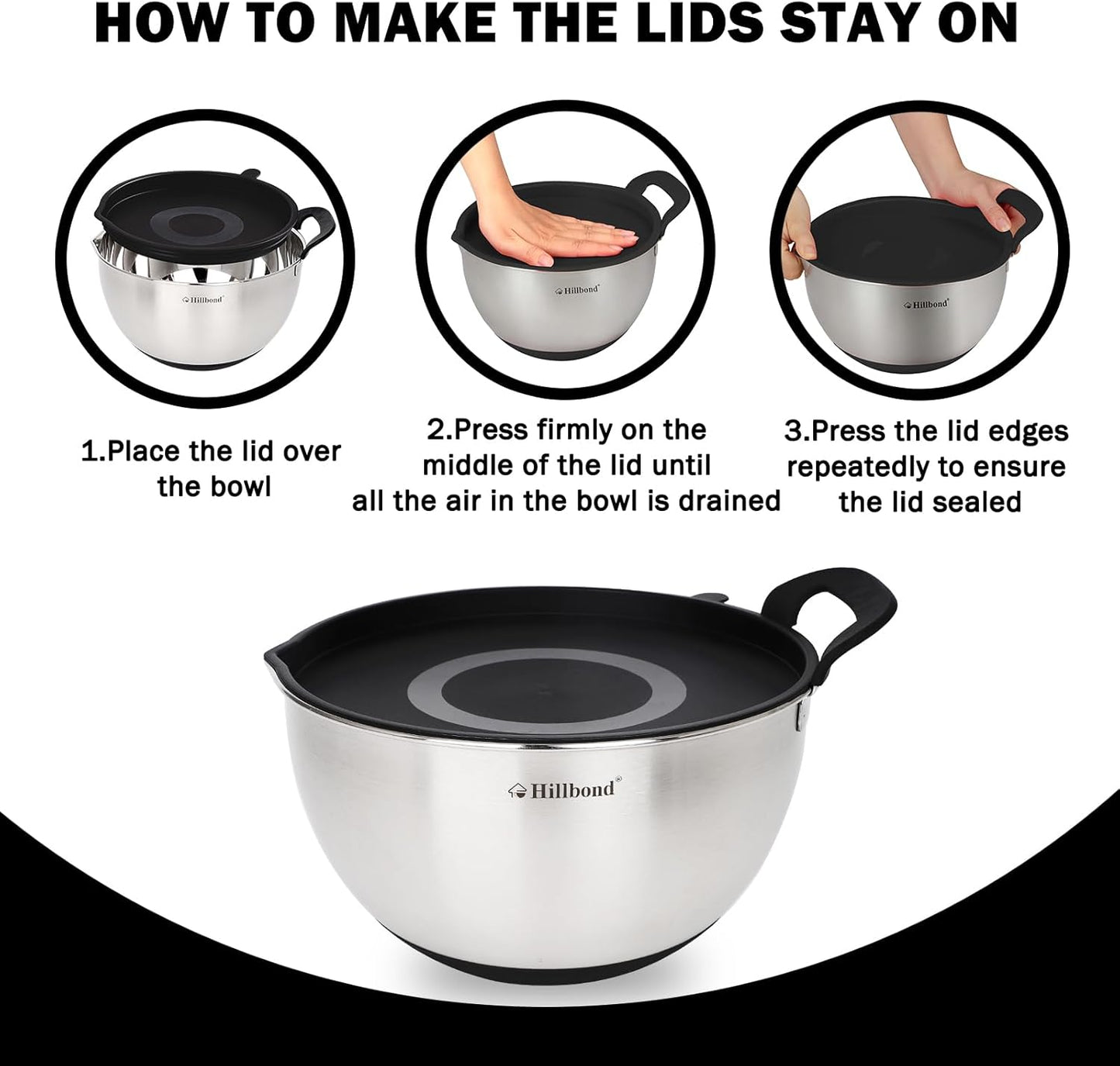 Hillbond Stainless Steel Bowls with Lids Set Mixing Bowls with Pour Spout, Silicone Handle and Non-Slip Bottoms for Baking, Metal Bowls Mixing Dishwasher Safe, Set of 3, Mother’s Day Gift (Black)
