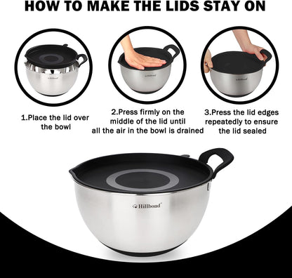 Hillbond Stainless Steel Bowls with Lids Set Mixing Bowls with Pour Spout, Silicone Handle and Non-Slip Bottoms for Baking, Metal Bowls Mixing Dishwasher Safe, Set of 3, Mother’s Day Gift (Black)