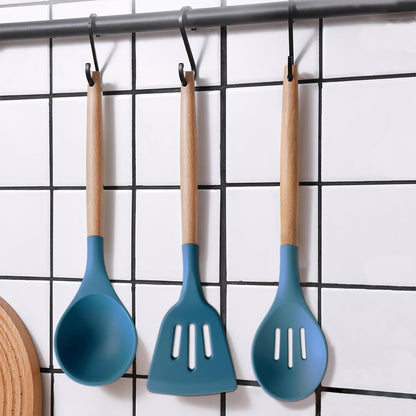 Kitchen Cooking Utensils Set, 6Pcs Silicone Kitchen Utensils Set Spatula Spoon Soup Ladle Turner, Heat Resistant Wooden Handle Silicone Cooking Gadgets for Nonstick Cookware & Baking BPA FREE