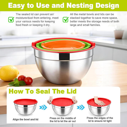 TeamFar Mixing Bowls, Stainless Steel Nesting Salad Bowls with Airtight Lids Set, For Serving/Mixing/Storing, Healthy & Long-lasting, Dishwasher Safe & Easy Clean, 4.6/3 / 1.5 QT, Colorful