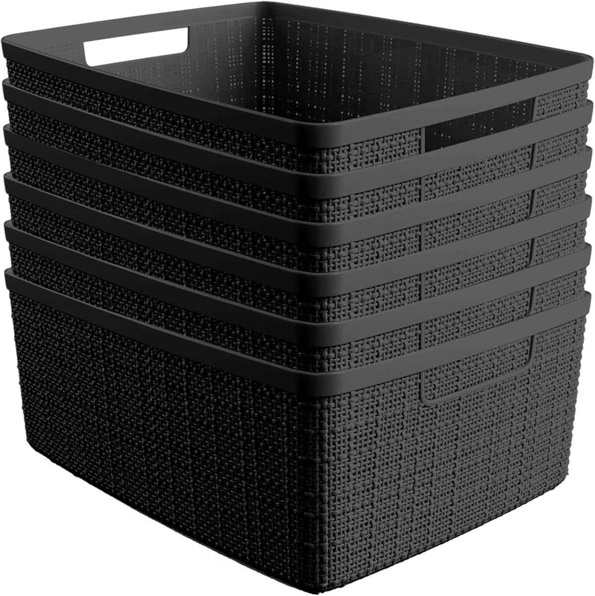 Curver Set of 4 Large 18L Easy Access Jute Decorative Plastic Organization and Storage Baskets - Perfect Bins for Home Office, Closet Shelves, Kitchen Pantry and All Bedroom Essentials, Black