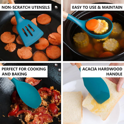 Kitchen Cooking Utensils Set, 6Pcs Silicone Kitchen Utensils Set Spatula Spoon Soup Ladle Turner, Heat Resistant Wooden Handle Silicone Cooking Gadgets for Nonstick Cookware & Baking BPA FREE